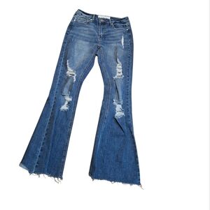 Indigo Rein Blue Distressed Flare Leg Jeans W28 Boho Hippie Holes Frayed